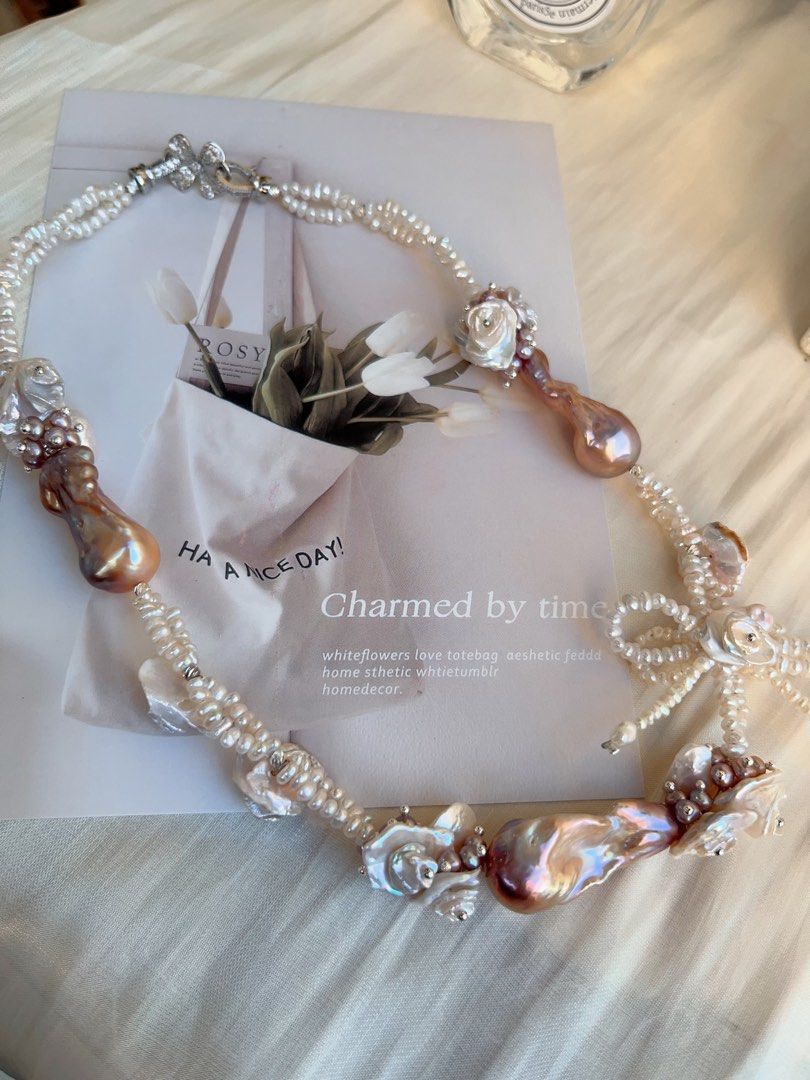 #PN698 [Floral Series] Freshwater Pearl Necklace | Double-layer| Super Big Fishtail Baroque | Superb Lustre| Pearl-on-Pearl Petal Flower|Ribbon| Wanna Feel The Occasion