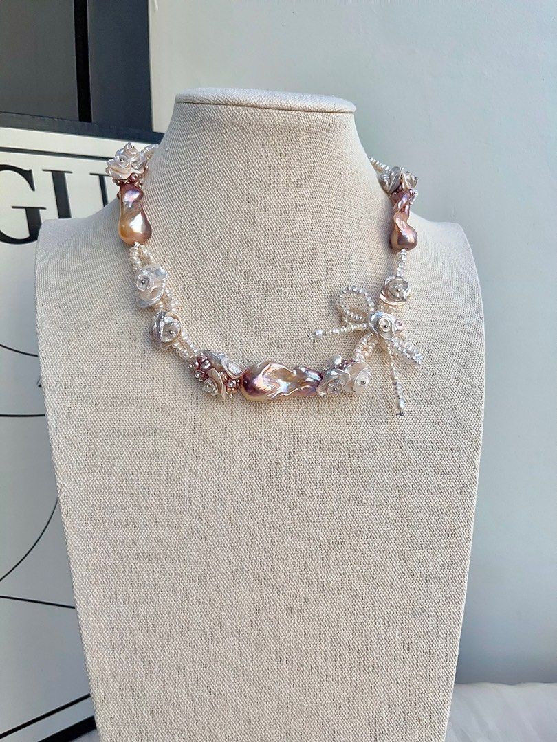 #PN698 [Floral Series] Freshwater Pearl Necklace | Double-layer| Super Big Fishtail Baroque | Superb Lustre| Pearl-on-Pearl Petal Flower|Ribbon| Wanna Feel The Occasion