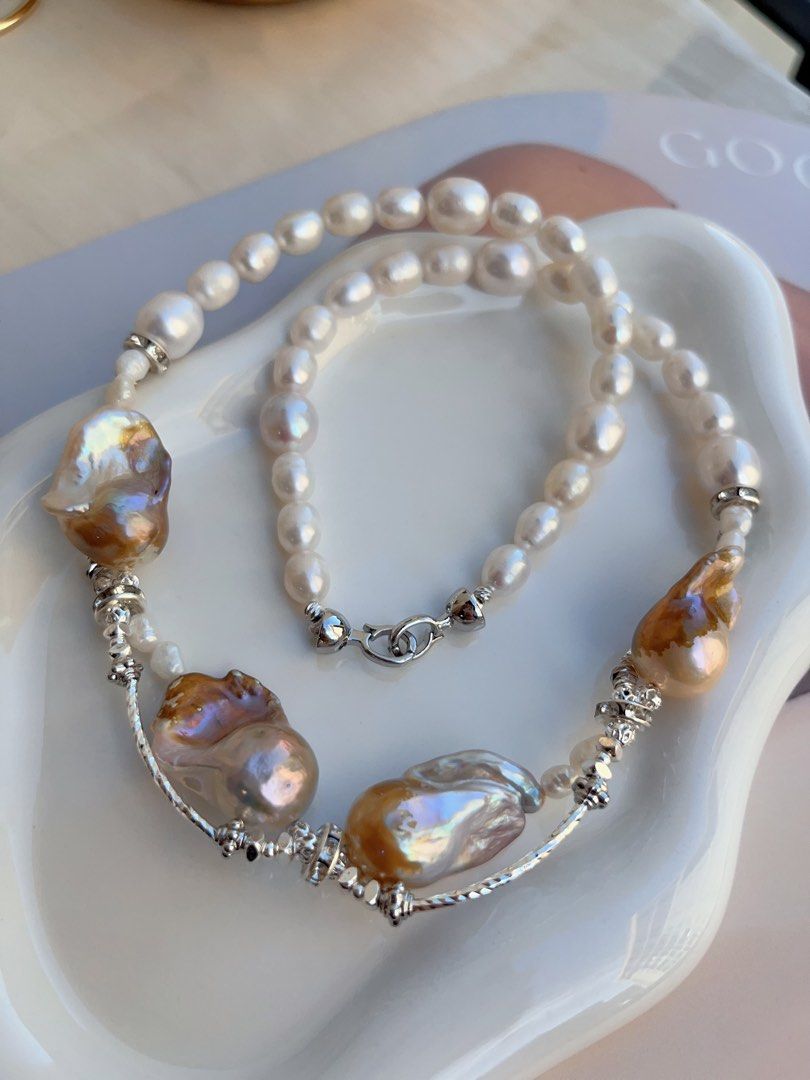 #PN702 Freshwater Pearl Necklace | Golden Splash & Silver Lustre| Big Fishtail Baroque | Superb Lustre| Put on the Queen Vibe