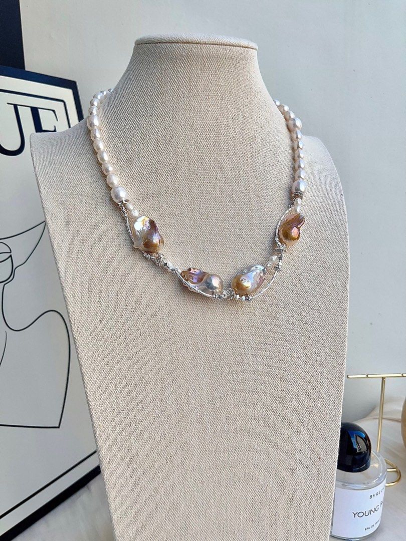 #PN702 Freshwater Pearl Necklace | Golden Splash & Silver Lustre| Big Fishtail Baroque | Superb Lustre| Put on the Queen Vibe