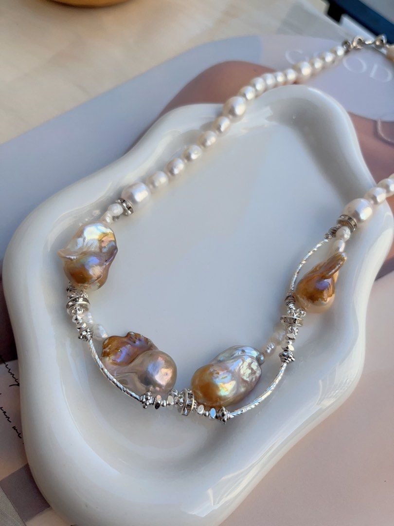 #PN702 Freshwater Pearl Necklace | Golden Splash & Silver Lustre| Big Fishtail Baroque | Superb Lustre| Put on the Queen Vibe