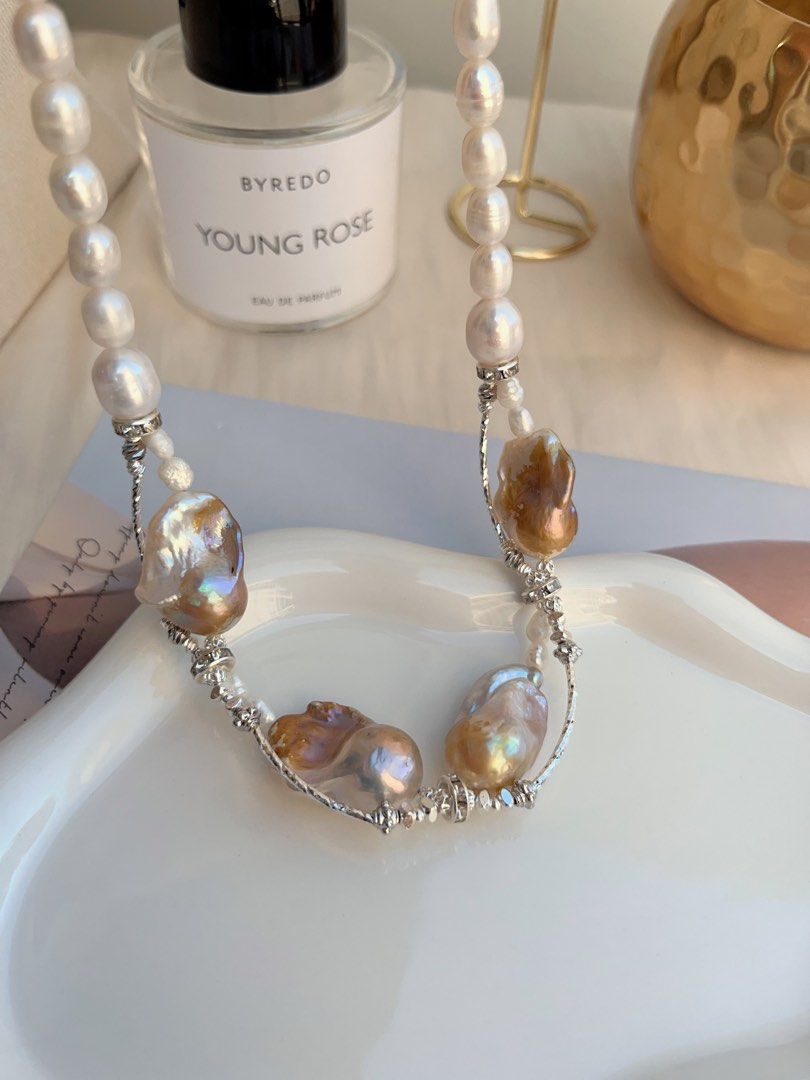 #PN702 Freshwater Pearl Necklace | Golden Splash & Silver Lustre| Big Fishtail Baroque | Superb Lustre| Put on the Queen Vibe