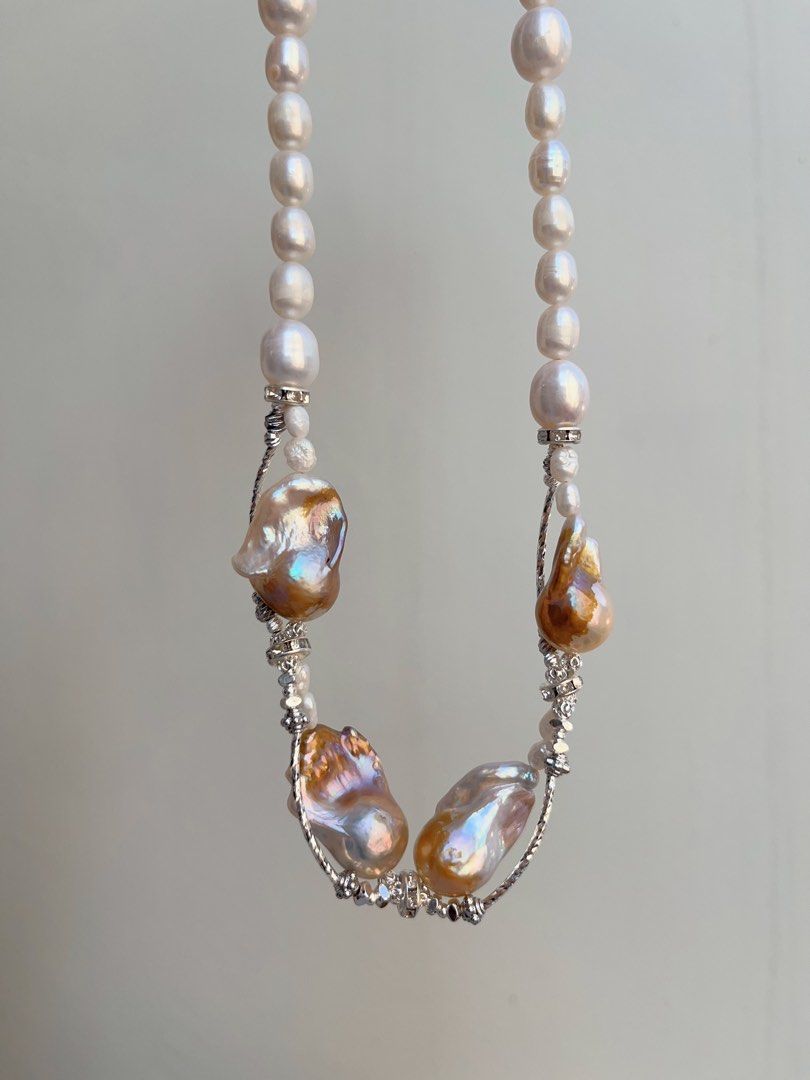 #PN702 Freshwater Pearl Necklace | Golden Splash & Silver Lustre| Big Fishtail Baroque | Superb Lustre| Put on the Queen Vibe