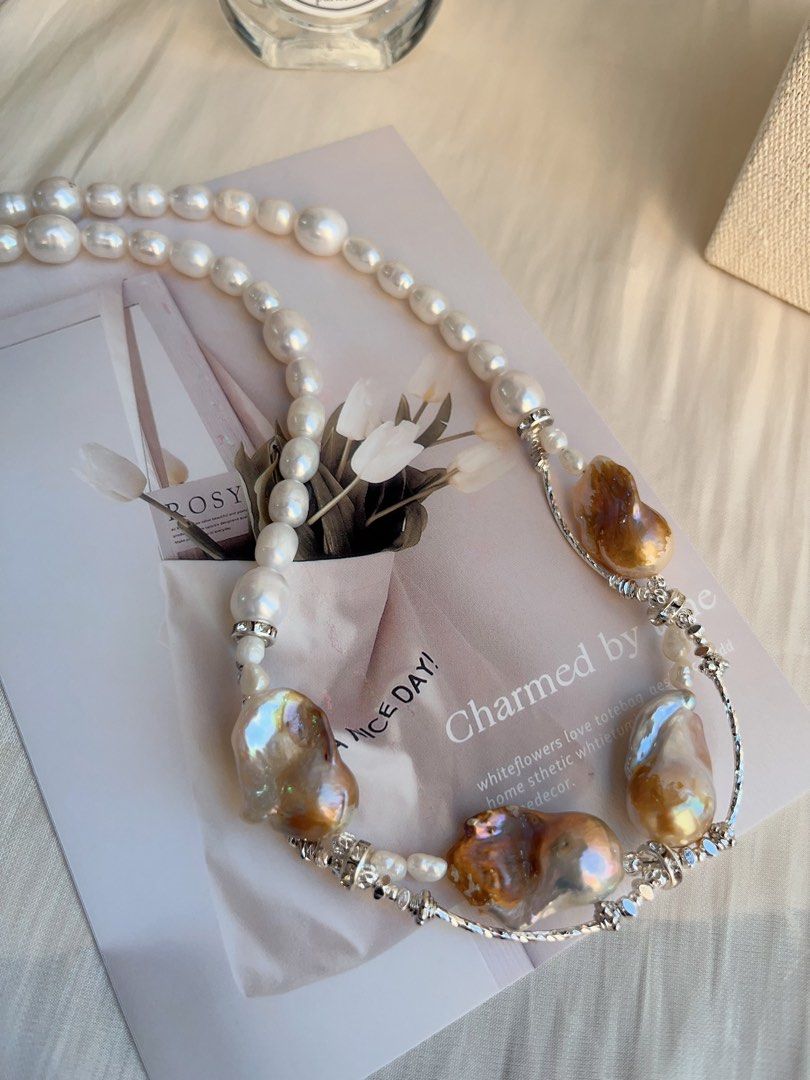 #PN702 Freshwater Pearl Necklace | Golden Splash & Silver Lustre| Big Fishtail Baroque | Superb Lustre| Put on the Queen Vibe