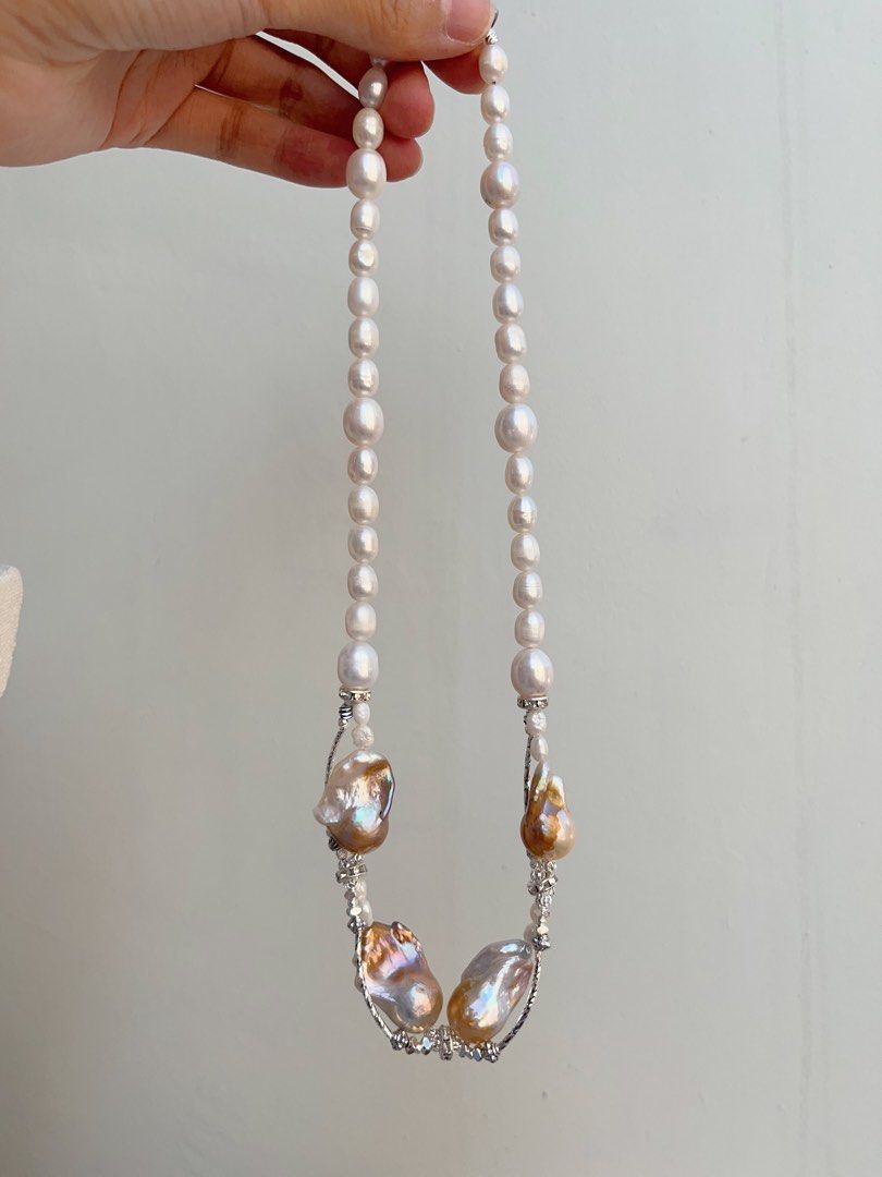 #PN702 Freshwater Pearl Necklace | Golden Splash & Silver Lustre| Big Fishtail Baroque | Superb Lustre| Put on the Queen Vibe