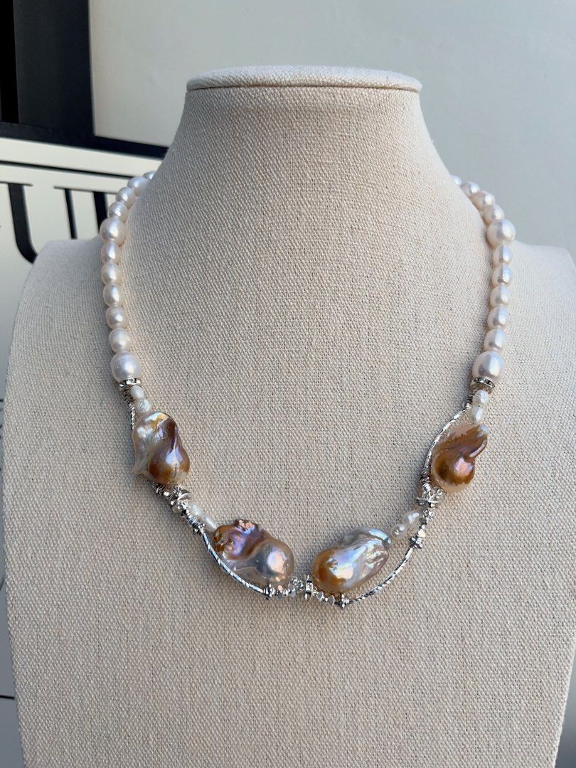 #PN702 Freshwater Pearl Necklace | Golden Splash & Silver Lustre| Big Fishtail Baroque | Superb Lustre| Put on the Queen Vibe