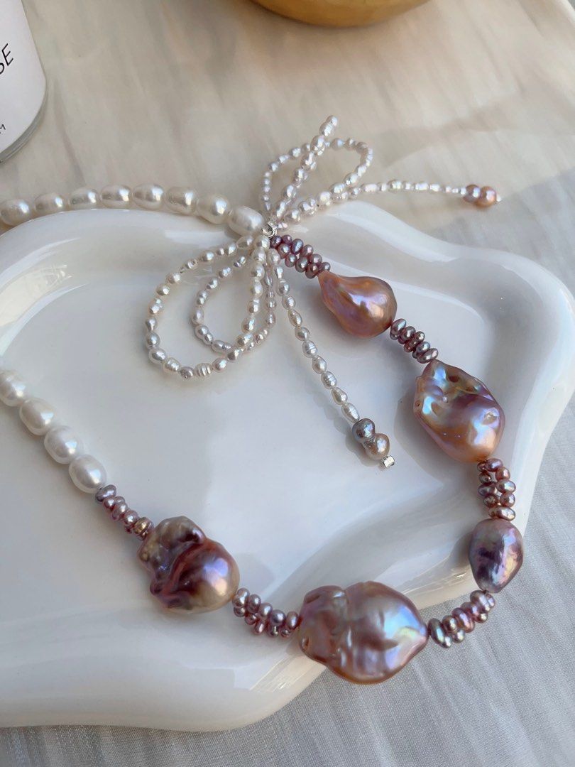 #PN703 Freshwater Pearl Necklace | Mid-size Purple Baroque | Lustrous | 2-layer Ribbon| Feel the Mood