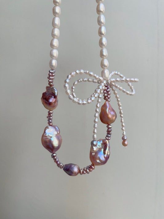 #PN703 Freshwater Pearl Necklace | Mid-size Purple Baroque | Lustrous | 2-layer Ribbon| Feel the Mood