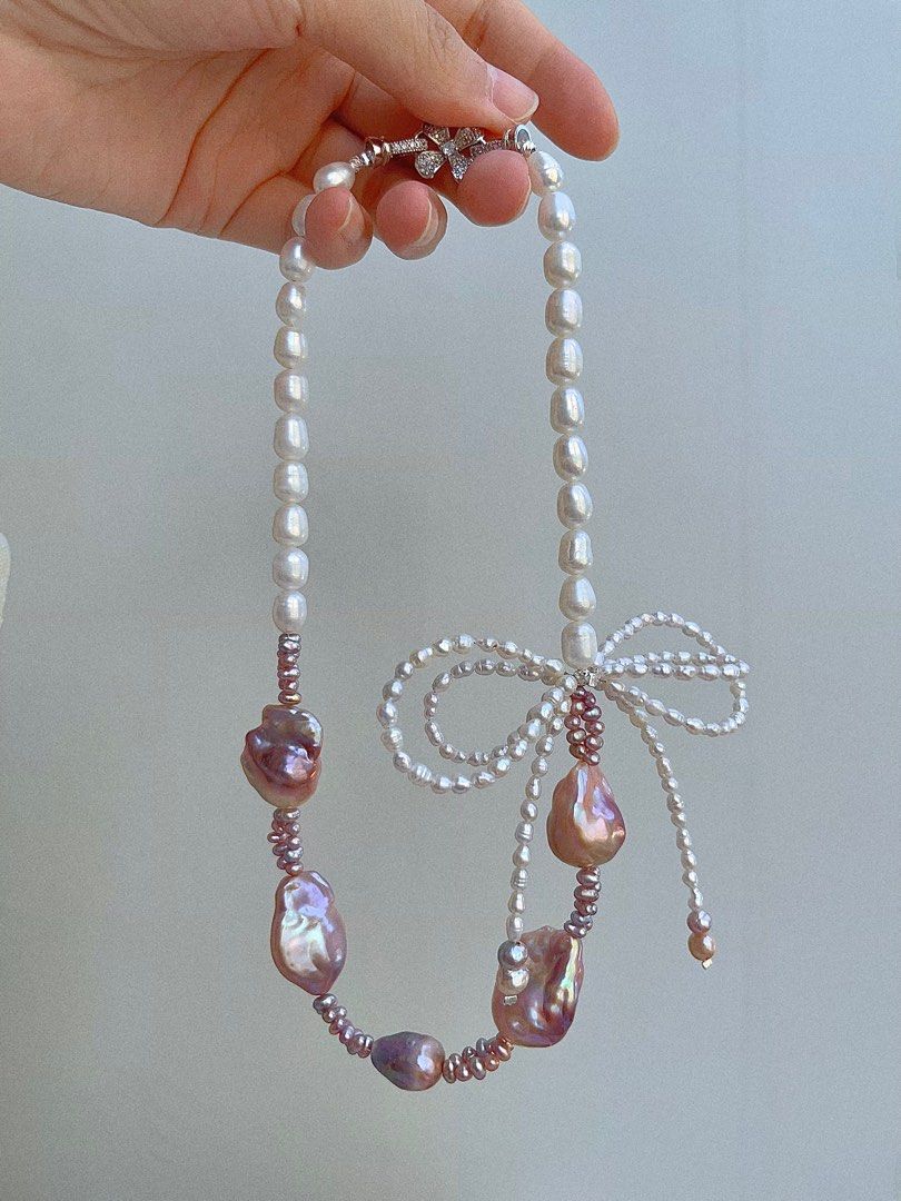 #PN703 Freshwater Pearl Necklace | Mid-size Purple Baroque | Lustrous | 2-layer Ribbon| Feel the Mood