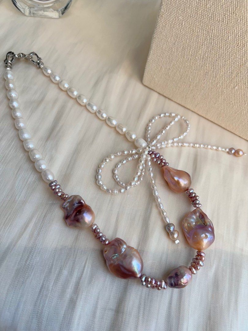 #PN703 Freshwater Pearl Necklace | Mid-size Purple Baroque | Lustrous | 2-layer Ribbon| Feel the Mood