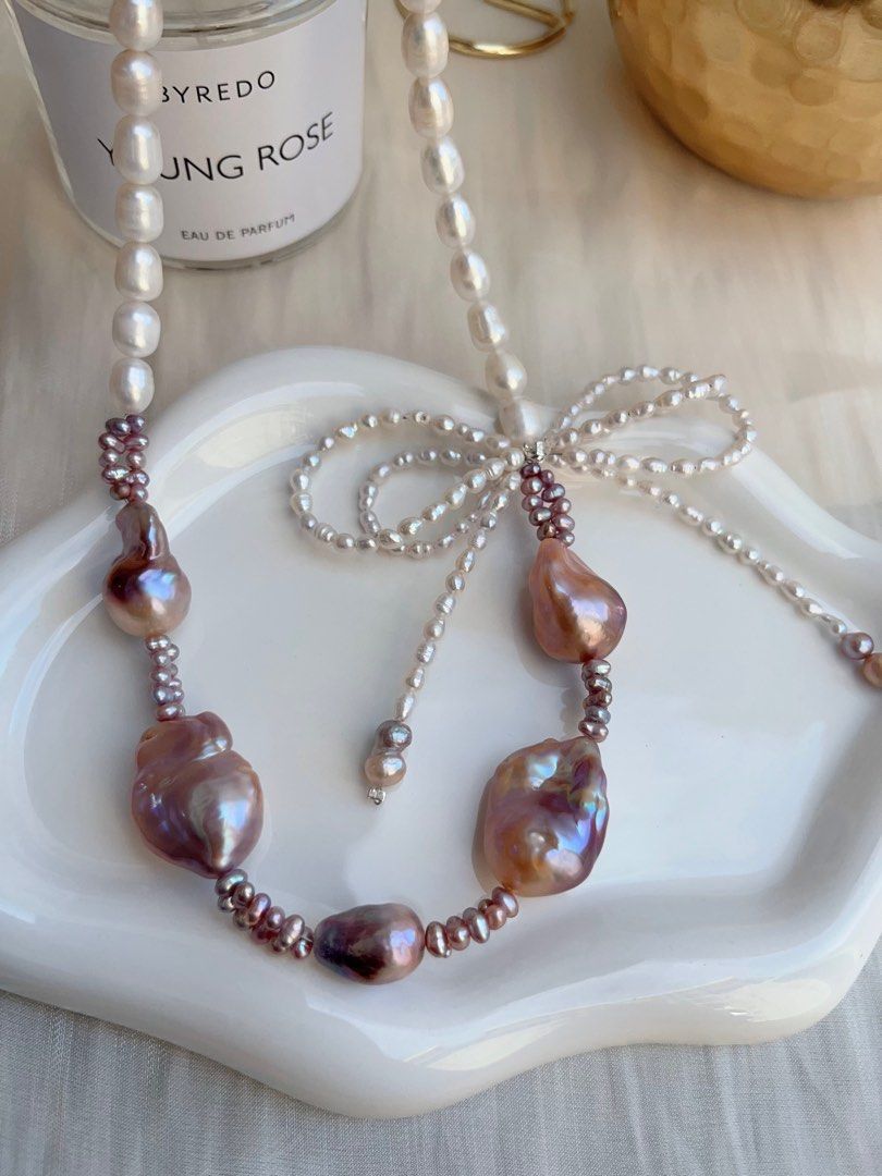 #PN703 Freshwater Pearl Necklace | Mid-size Purple Baroque | Lustrous | 2-layer Ribbon| Feel the Mood