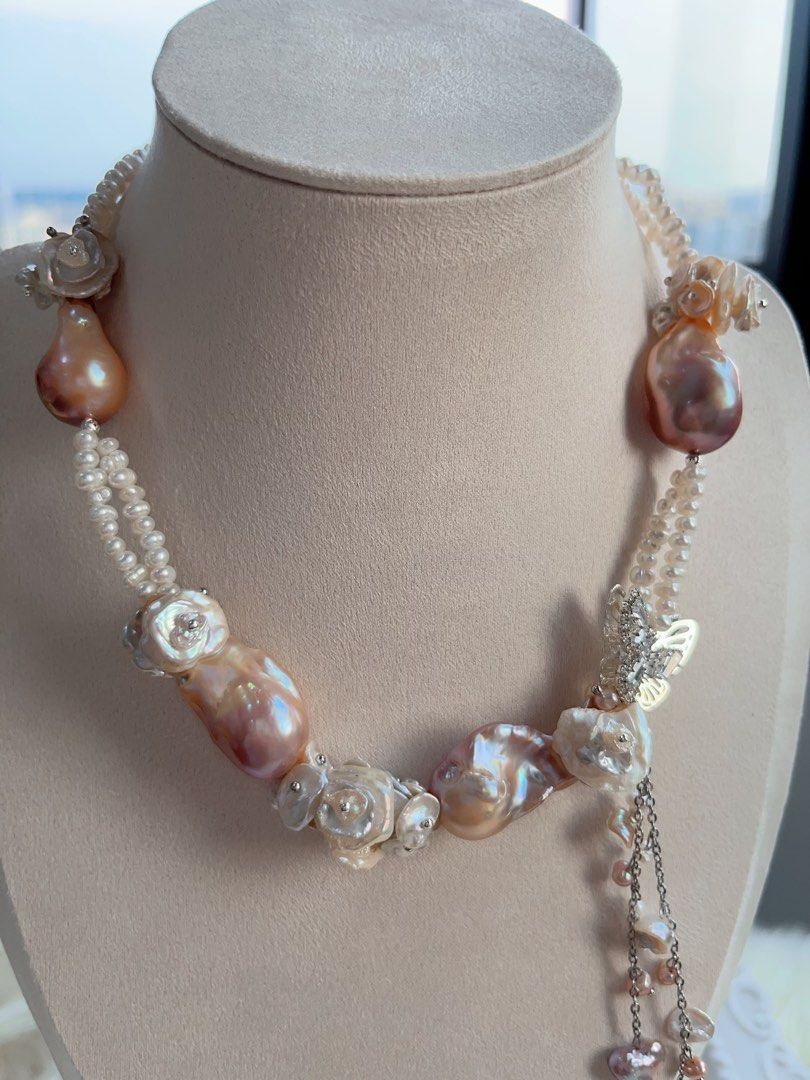 #PN705 [Floral Series] Double Layer Freshwater Pearl Necklace | Heavily Made Purple Metallic Lustre Big Baroque Design Necklace | Flower Petal Design| Butterfly | Natural Flaws| Dangling Pearls|Wedding Vibe