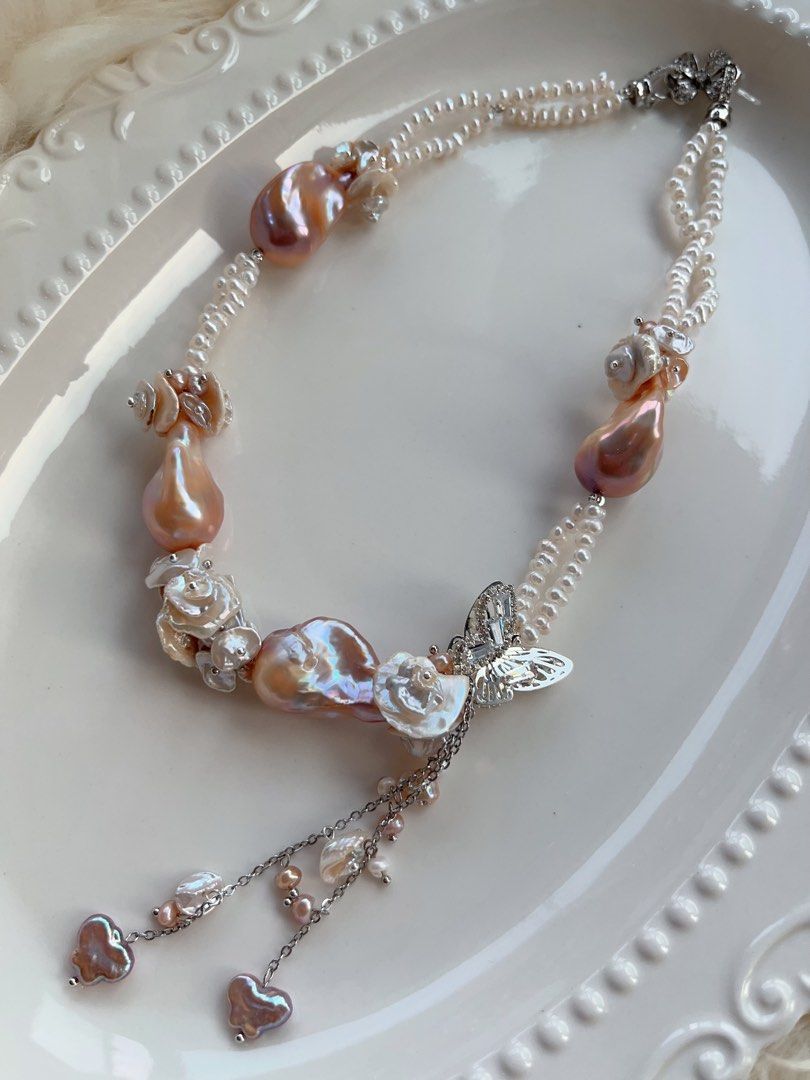 #PN705 [Floral Series] Double Layer Freshwater Pearl Necklace | Heavily Made Purple Metallic Lustre Big Baroque Design Necklace | Flower Petal Design| Butterfly | Natural Flaws| Dangling Pearls|Wedding Vibe