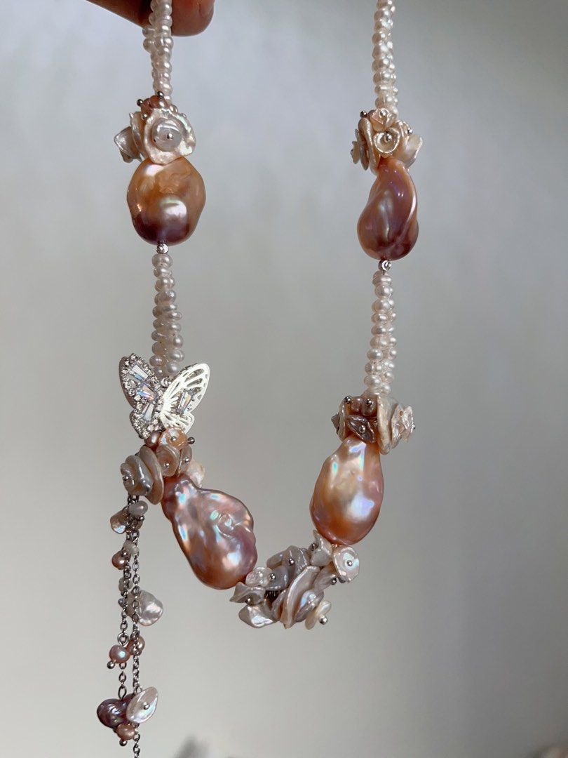 #PN705 [Floral Series] Double Layer Freshwater Pearl Necklace | Heavily Made Purple Metallic Lustre Big Baroque Design Necklace | Flower Petal Design| Butterfly | Natural Flaws| Dangling Pearls|Wedding Vibe