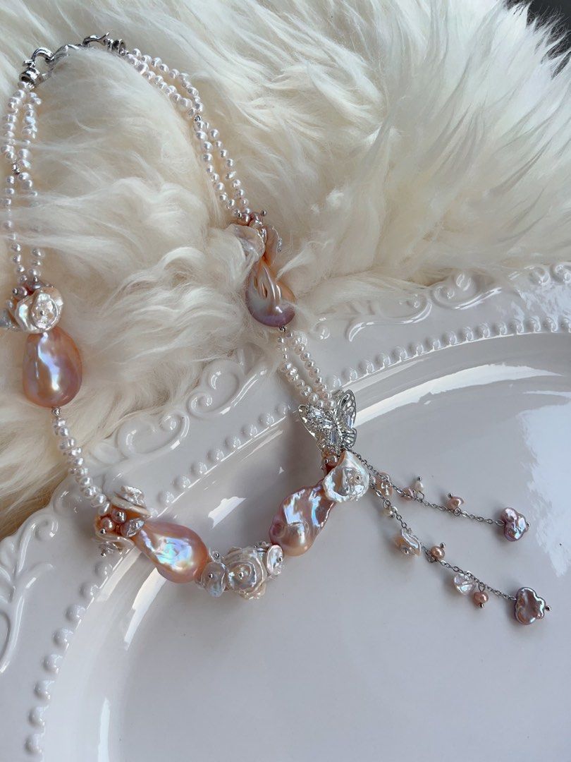 #PN705 [Floral Series] Double Layer Freshwater Pearl Necklace | Heavily Made Purple Metallic Lustre Big Baroque Design Necklace | Flower Petal Design| Butterfly | Natural Flaws| Dangling Pearls|Wedding Vibe
