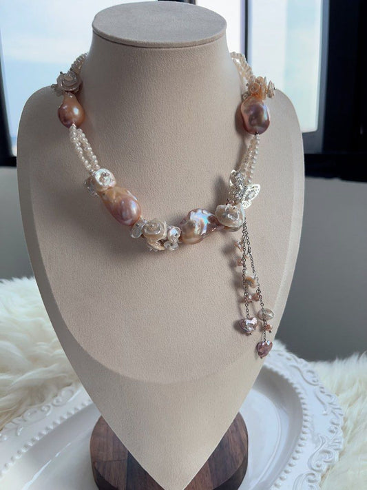 #PN705 [Floral Series] Double Layer Freshwater Pearl Necklace | Heavily Made Purple Metallic Lustre Big Baroque Design Necklace | Flower Petal Design| Butterfly | Natural Flaws| Dangling Pearls|Wedding Vibe