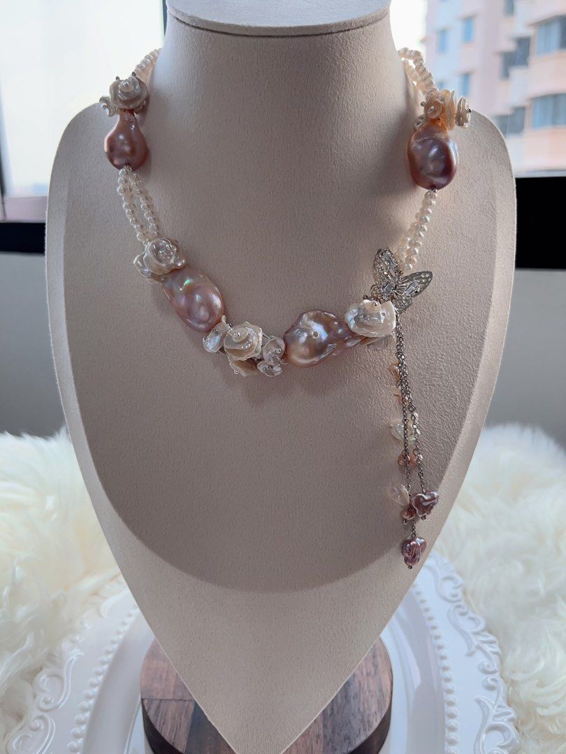#PN705 [Floral Series] Double Layer Freshwater Pearl Necklace | Heavily Made Purple Metallic Lustre Big Baroque Design Necklace | Flower Petal Design| Butterfly | Natural Flaws| Dangling Pearls|Wedding Vibe