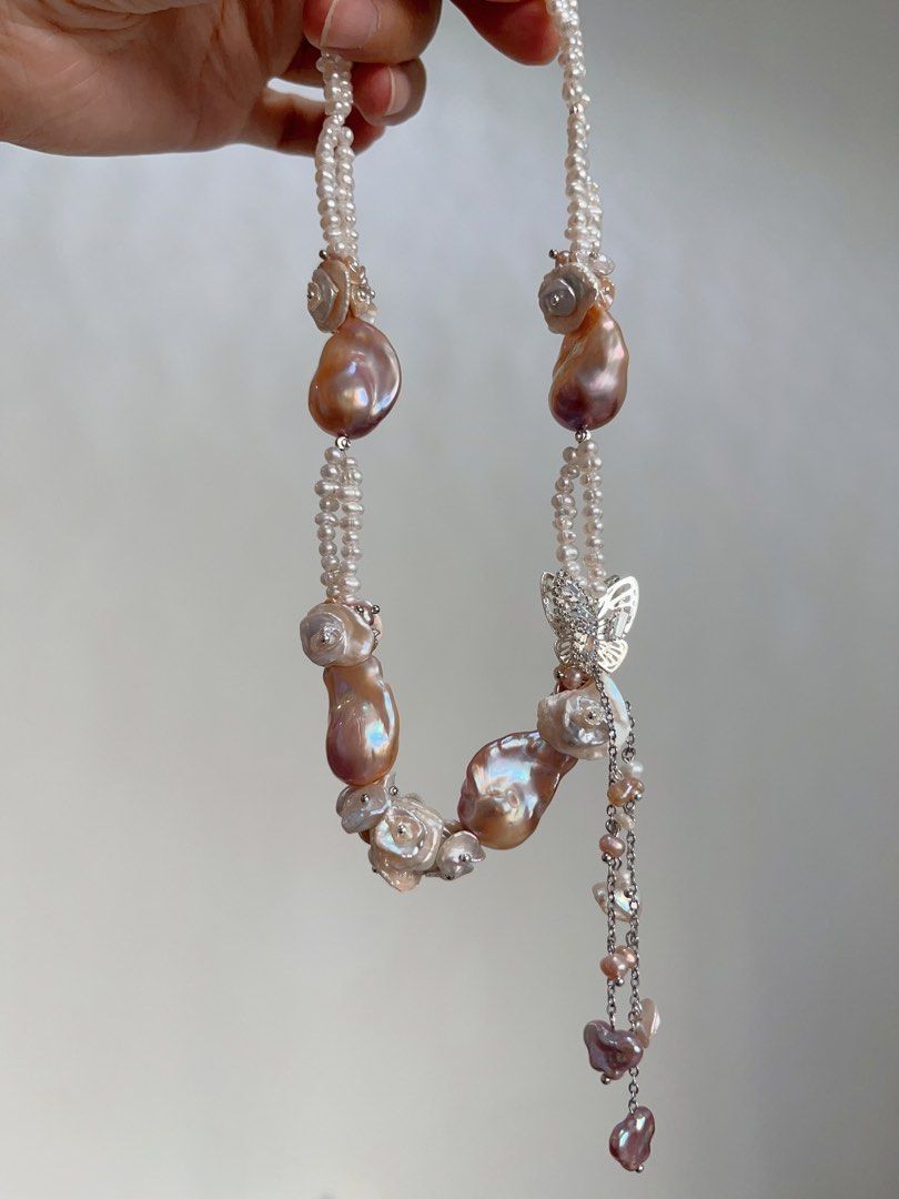 #PN705 [Floral Series] Double Layer Freshwater Pearl Necklace | Heavily Made Purple Metallic Lustre Big Baroque Design Necklace | Flower Petal Design| Butterfly | Natural Flaws| Dangling Pearls|Wedding Vibe