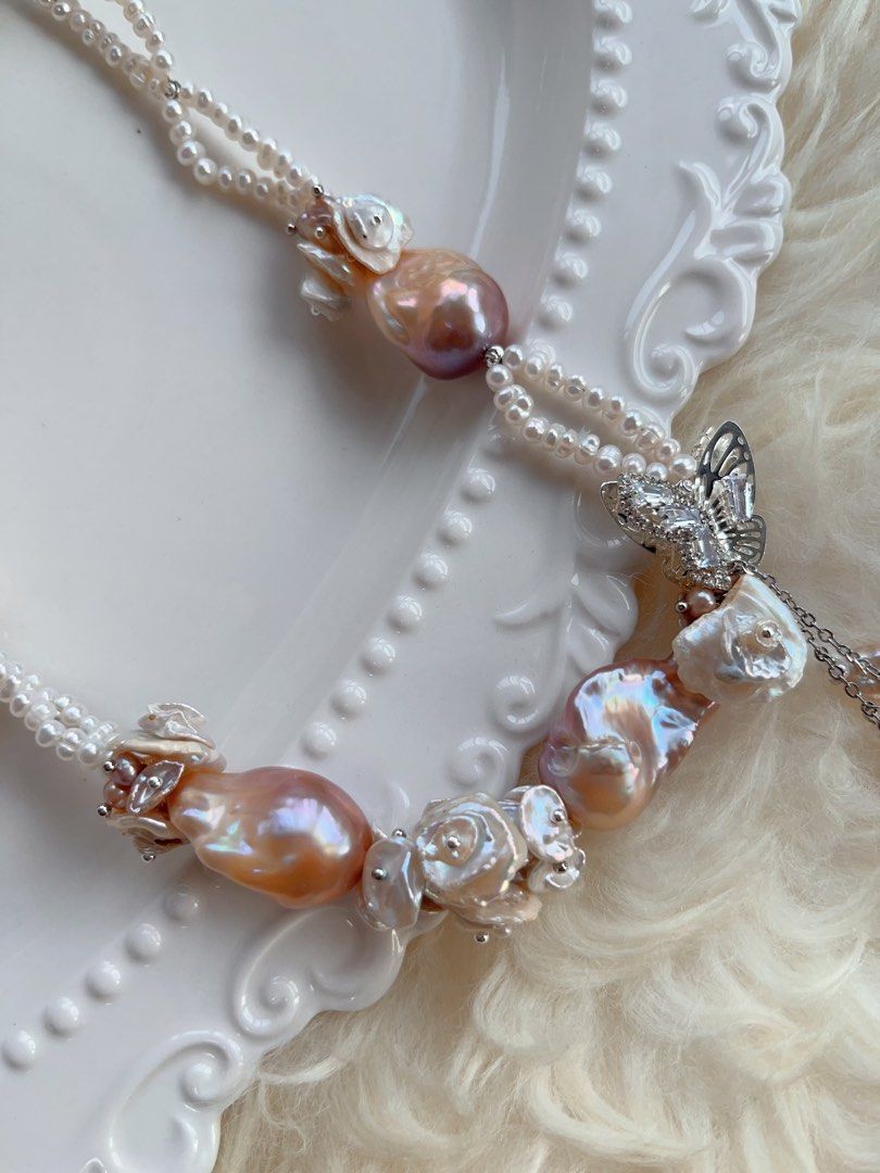 #PN705 [Floral Series] Double Layer Freshwater Pearl Necklace | Heavily Made Purple Metallic Lustre Big Baroque Design Necklace | Flower Petal Design| Butterfly | Natural Flaws| Dangling Pearls|Wedding Vibe