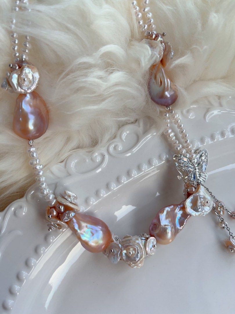 #PN705 [Floral Series] Double Layer Freshwater Pearl Necklace | Heavily Made Purple Metallic Lustre Big Baroque Design Necklace | Flower Petal Design| Butterfly | Natural Flaws| Dangling Pearls|Wedding Vibe
