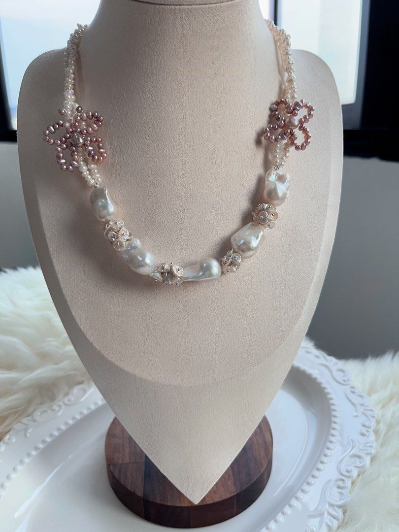 #PN706 [Floral Series] Double-layered Freshwater Pearl Necklace | Pearl Made Butterfly & Clover| Lustrous White Fishtail Baroque Pearl | Today is the Day