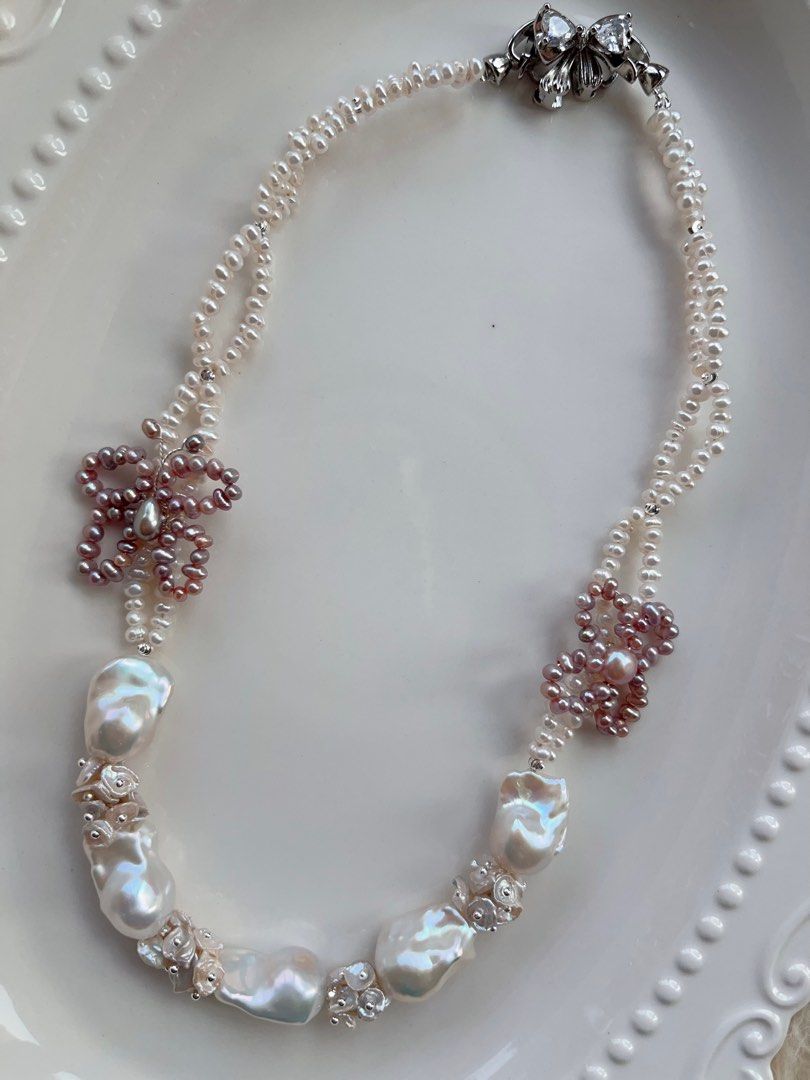 #PN706 [Floral Series] Double-layered Freshwater Pearl Necklace | Pearl Made Butterfly & Clover| Lustrous White Fishtail Baroque Pearl | Today is the Day
