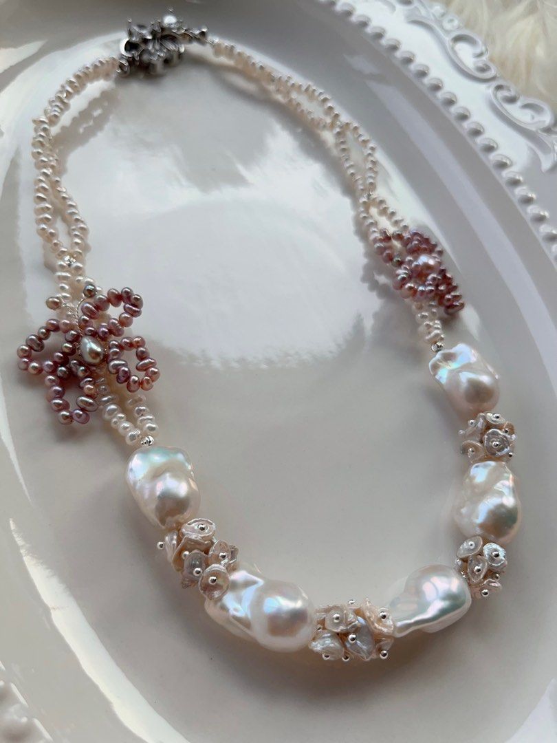 #PN706 [Floral Series] Double-layered Freshwater Pearl Necklace | Pearl Made Butterfly & Clover| Lustrous White Fishtail Baroque Pearl | Today is the Day