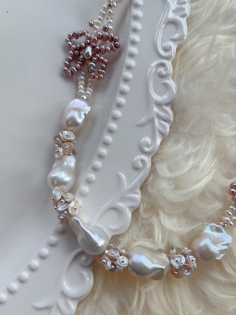 #PN706 [Floral Series] Double-layered Freshwater Pearl Necklace | Pearl Made Butterfly & Clover| Lustrous White Fishtail Baroque Pearl | Today is the Day