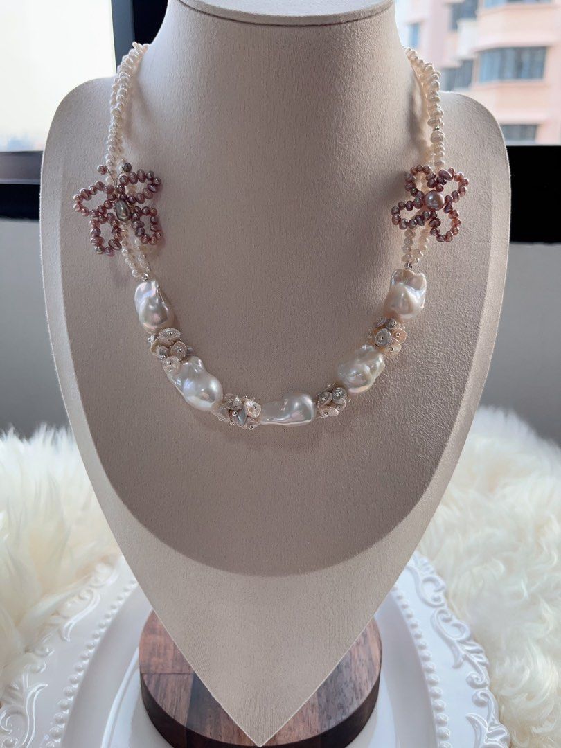 #PN706 [Floral Series] Double-layered Freshwater Pearl Necklace | Pearl Made Butterfly & Clover| Lustrous White Fishtail Baroque Pearl | Today is the Day