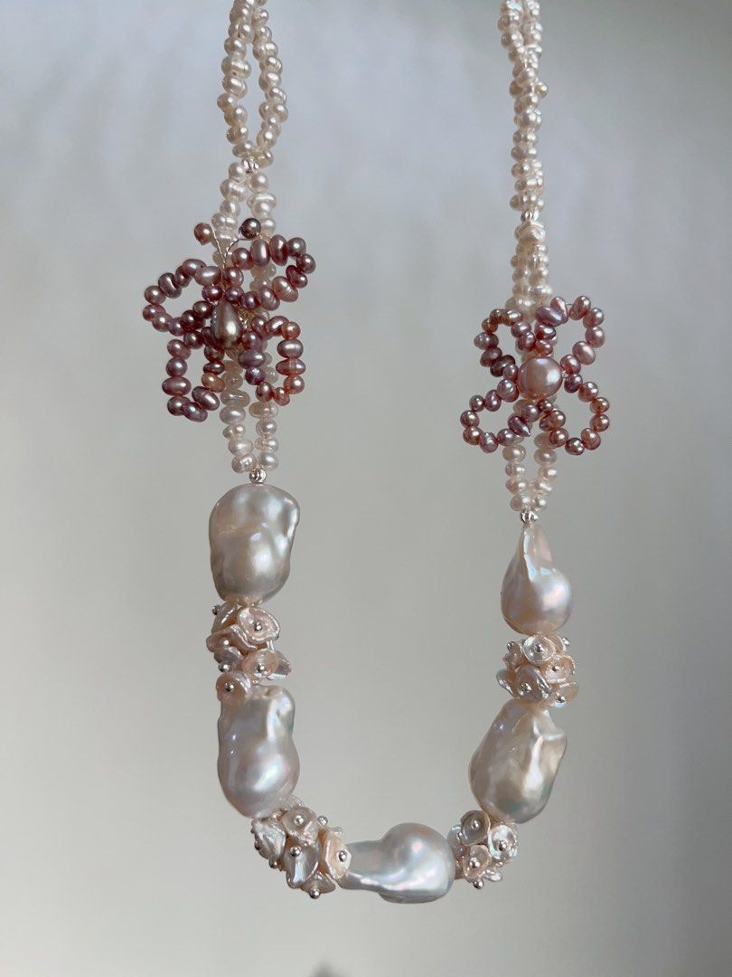 #PN706 [Floral Series] Double-layered Freshwater Pearl Necklace | Pearl Made Butterfly & Clover| Lustrous White Fishtail Baroque Pearl | Today is the Day