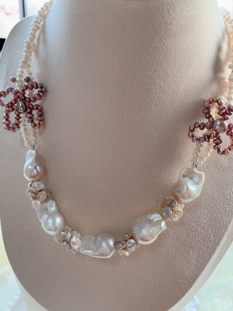 #PN706 [Floral Series] Double-layered Freshwater Pearl Necklace | Pearl Made Butterfly & Clover| Lustrous White Fishtail Baroque Pearl | Today is the Day