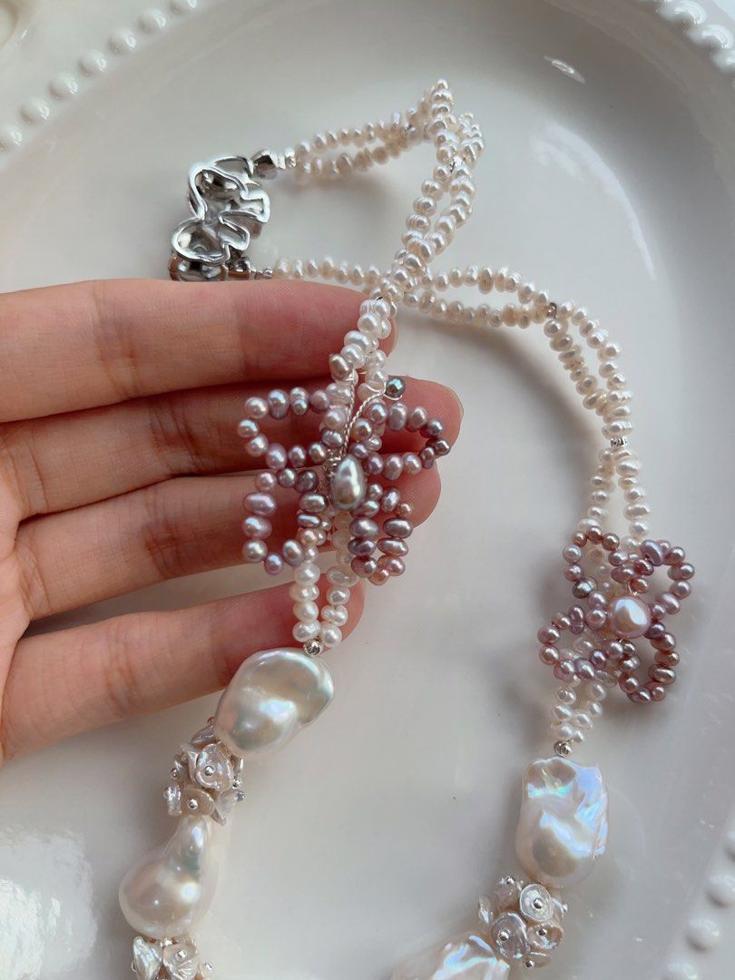 #PN706 [Floral Series] Double-layered Freshwater Pearl Necklace | Pearl Made Butterfly & Clover| Lustrous White Fishtail Baroque Pearl | Today is the Day