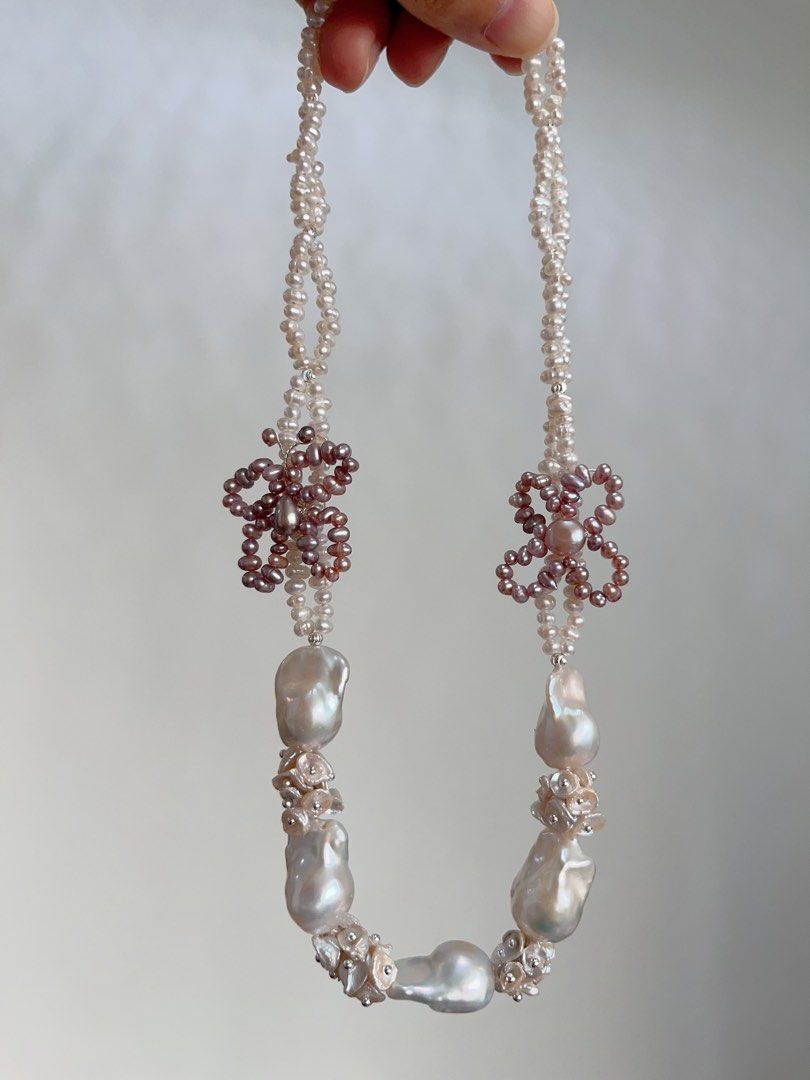 #PN706 [Floral Series] Double-layered Freshwater Pearl Necklace | Pearl Made Butterfly & Clover| Lustrous White Fishtail Baroque Pearl | Today is the Day