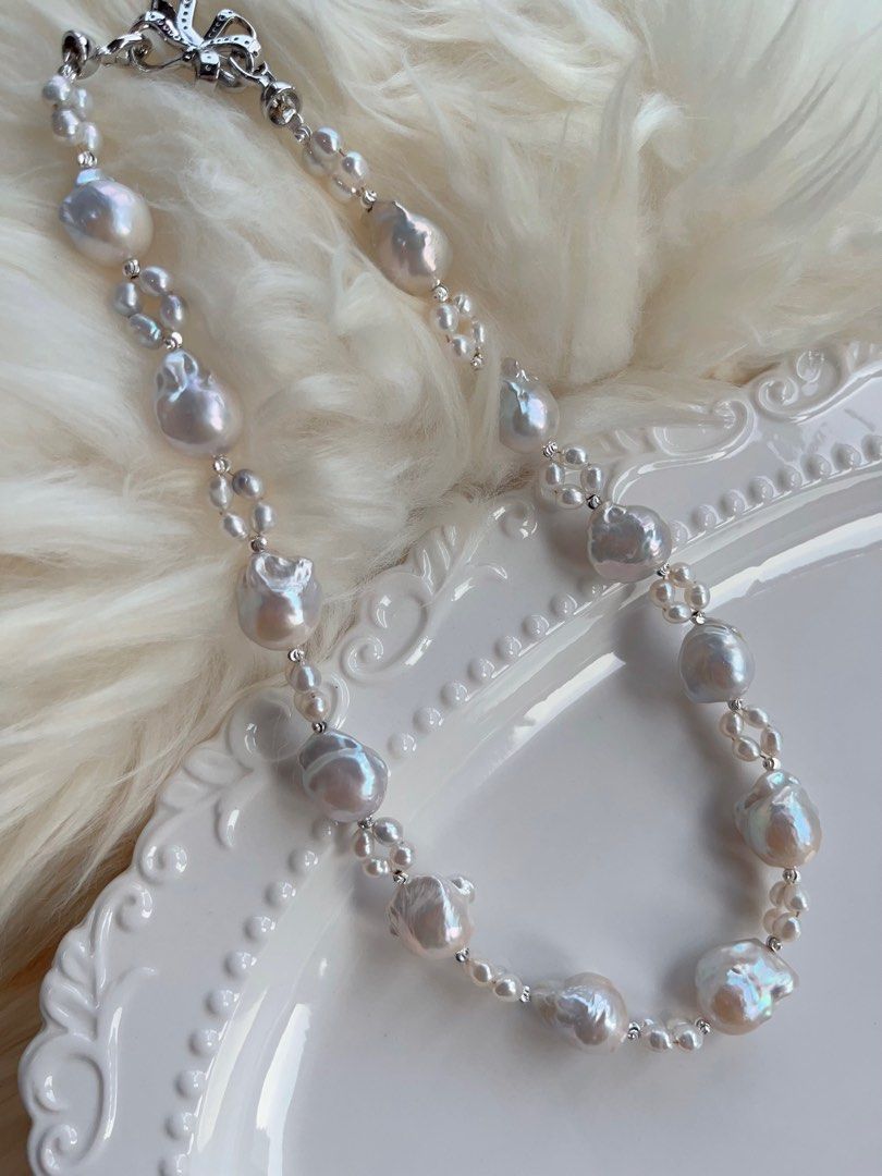 #PN707 Freshwater Pearl Necklace | Medium Sized Baroque | Blue-grey Lustre | Natural Flaws| For Special Occasion
