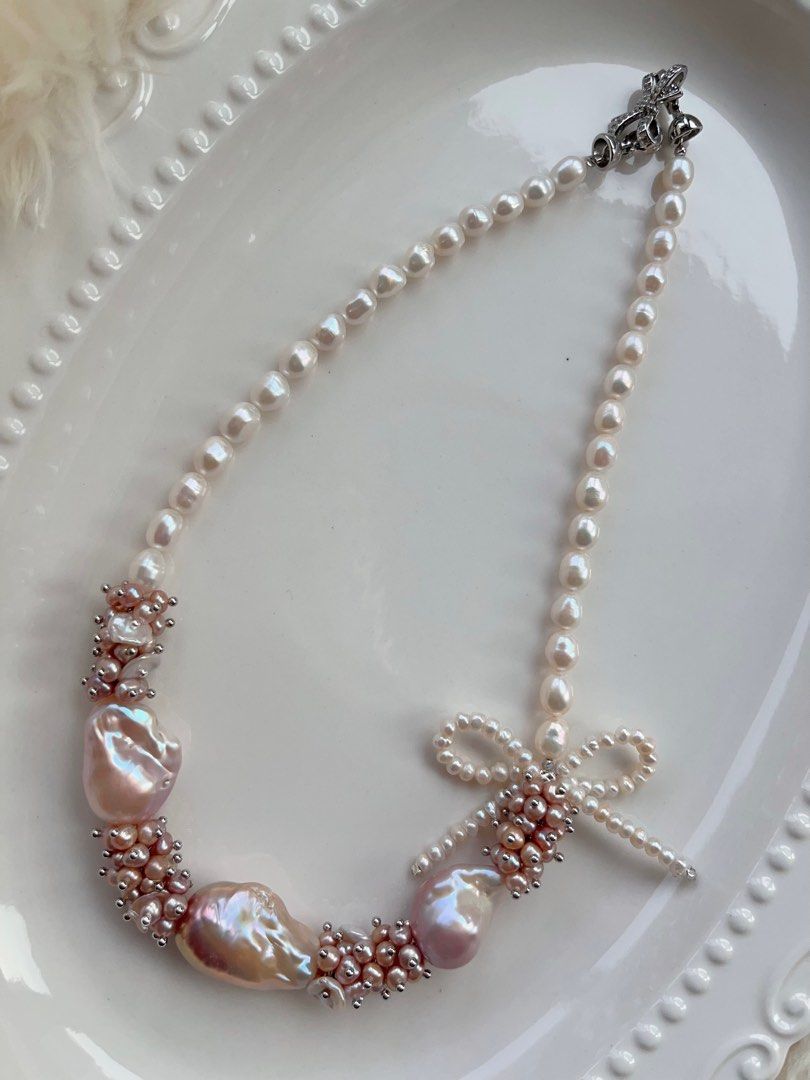 #PN708 [Floral Series] Freshwater Pearl Necklace | Fairy Purple Big Baroque | Lustrous Rice Pearl | Pearl Ribbon 🎀 | Baby Pearl | Strong Personality