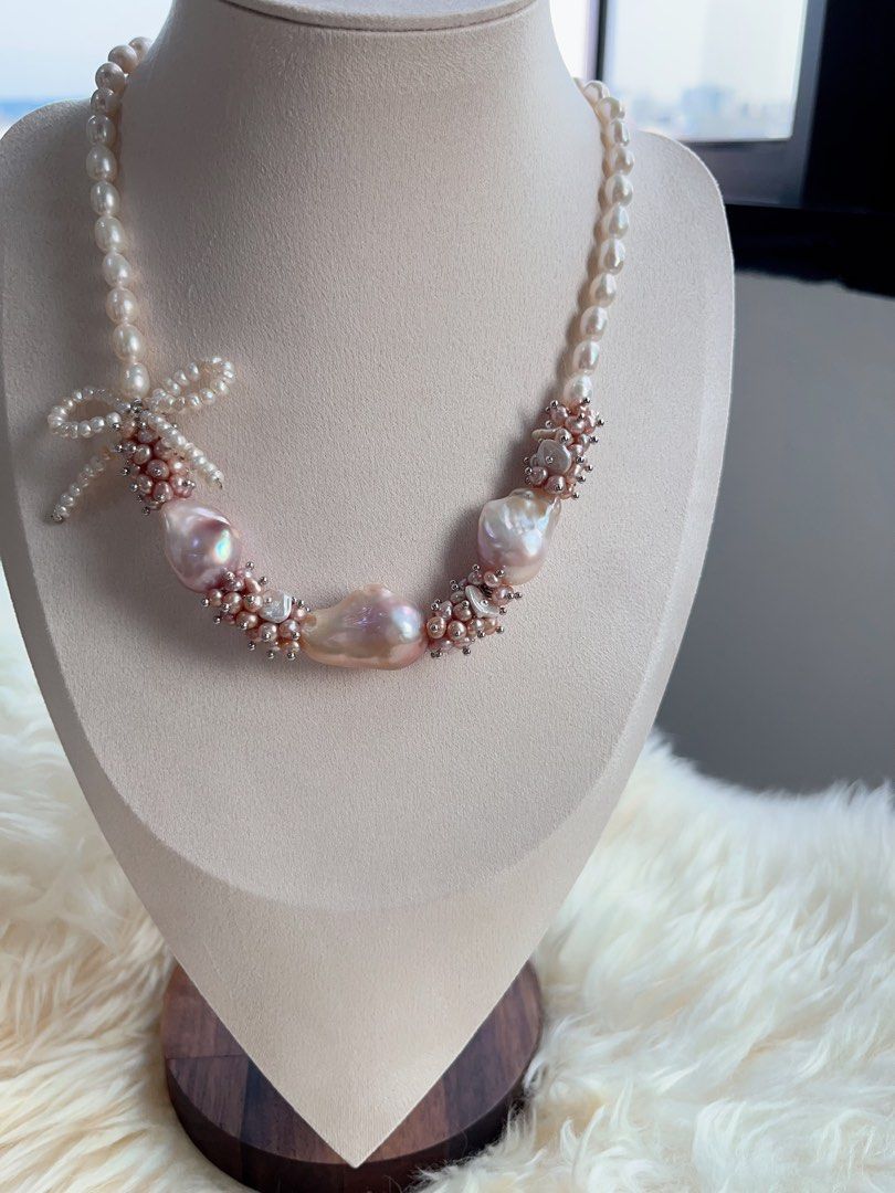 #PN708 [Floral Series] Freshwater Pearl Necklace | Fairy Purple Big Baroque | Lustrous Rice Pearl | Pearl Ribbon 🎀 | Baby Pearl | Strong Personality