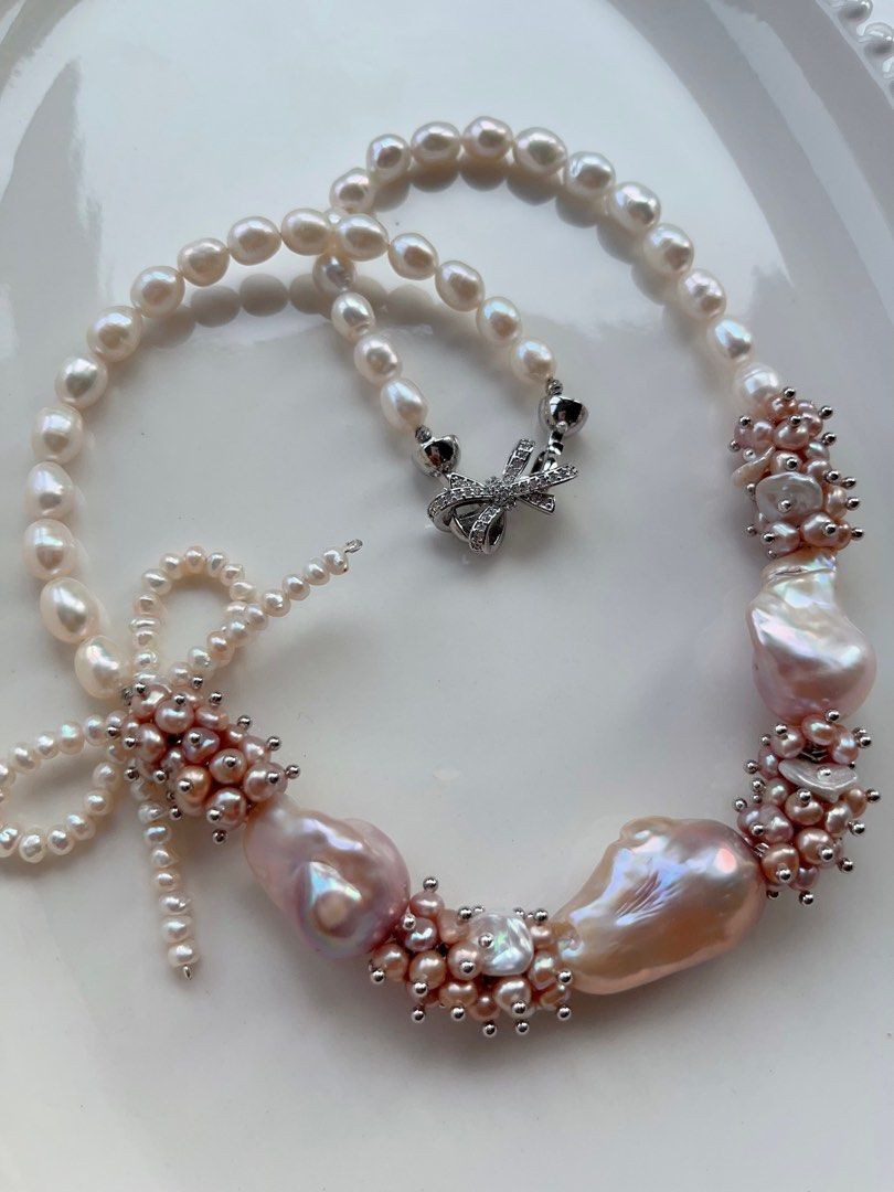 #PN708 [Floral Series] Freshwater Pearl Necklace | Fairy Purple Big Baroque | Lustrous Rice Pearl | Pearl Ribbon 🎀 | Baby Pearl | Strong Personality