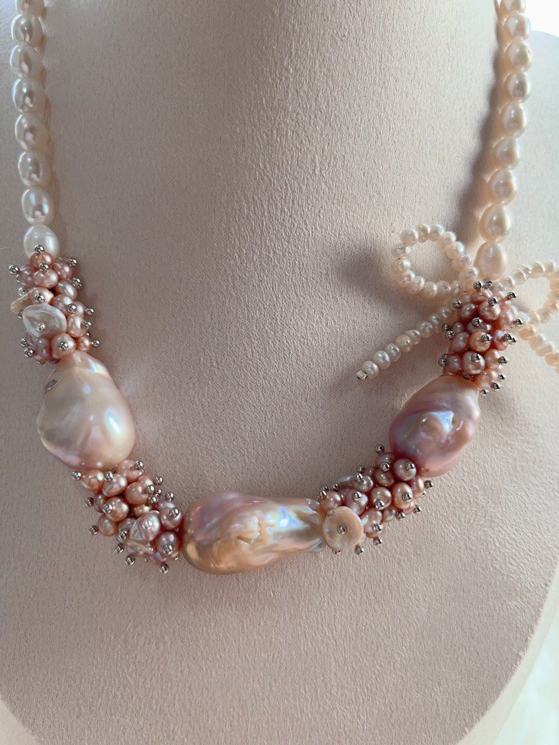 #PN708 [Floral Series] Freshwater Pearl Necklace | Fairy Purple Big Baroque | Lustrous Rice Pearl | Pearl Ribbon 🎀 | Baby Pearl | Strong Personality