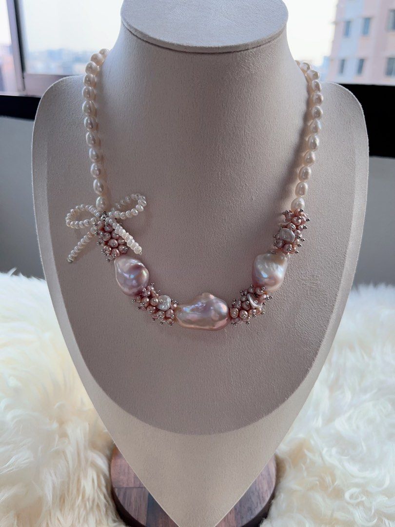 #PN708 [Floral Series] Freshwater Pearl Necklace | Fairy Purple Big Baroque | Lustrous Rice Pearl | Pearl Ribbon 🎀 | Baby Pearl | Strong Personality
