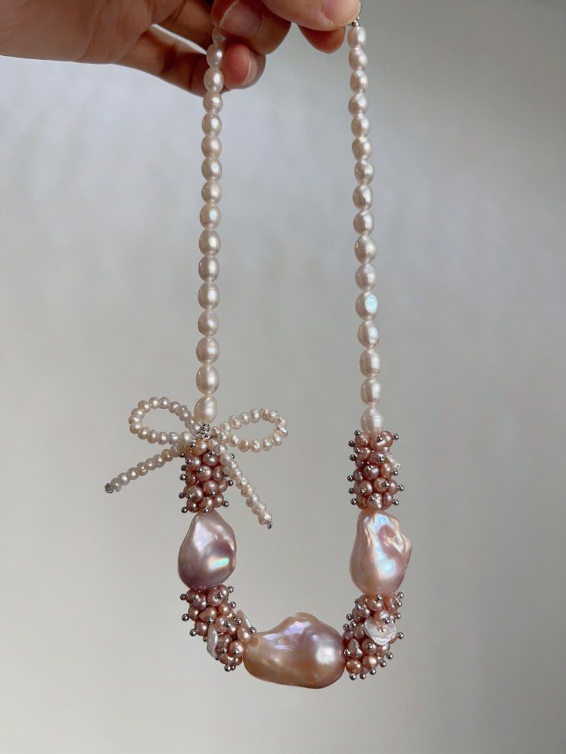 #PN708 [Floral Series] Freshwater Pearl Necklace | Fairy Purple Big Baroque | Lustrous Rice Pearl | Pearl Ribbon 🎀 | Baby Pearl | Strong Personality