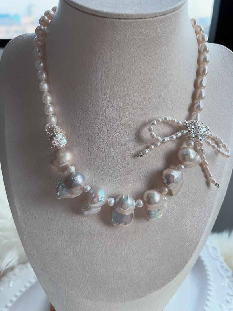 #PN709 [Floral Series] Freshwater Pearl Necklace | Fishtail Baroque Pearl | Lustrous | Ribbon Design| Holy White| Natural Flaws| Eternal Innocence