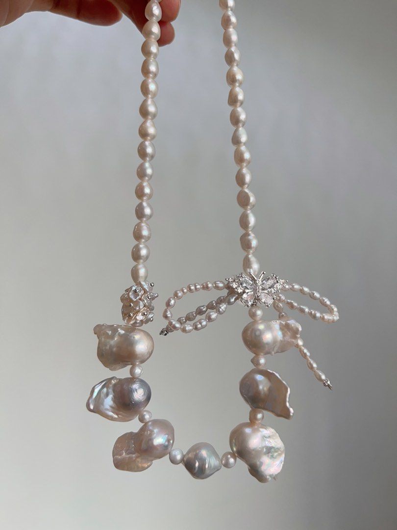 #PN709 [Floral Series] Freshwater Pearl Necklace | Fishtail Baroque Pearl | Lustrous | Ribbon Design| Holy White| Natural Flaws| Eternal Innocence