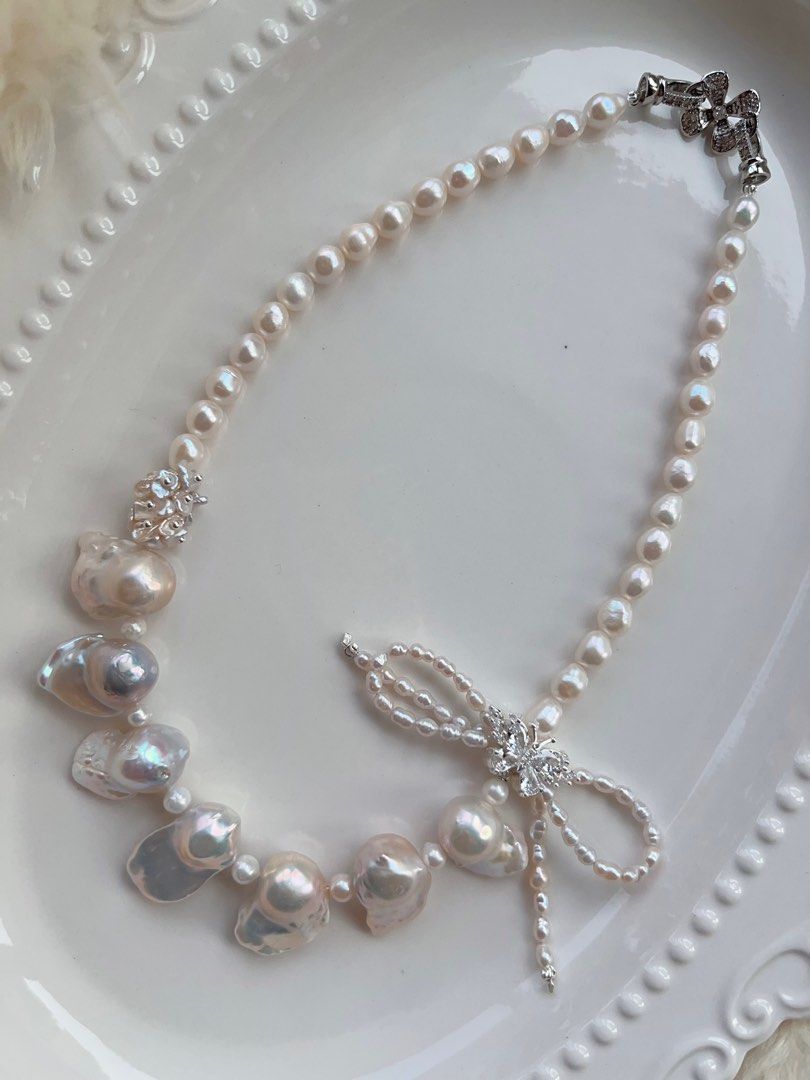 #PN709 [Floral Series] Freshwater Pearl Necklace | Fishtail Baroque Pearl | Lustrous | Ribbon Design| Holy White| Natural Flaws| Eternal Innocence