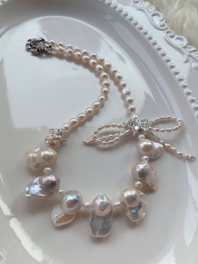 #PN709 [Floral Series] Freshwater Pearl Necklace | Fishtail Baroque Pearl | Lustrous | Ribbon Design| Holy White| Natural Flaws| Eternal Innocence