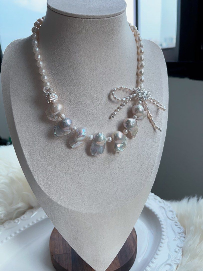 #PN709 [Floral Series] Freshwater Pearl Necklace | Fishtail Baroque Pearl | Lustrous | Ribbon Design| Holy White| Natural Flaws| Eternal Innocence