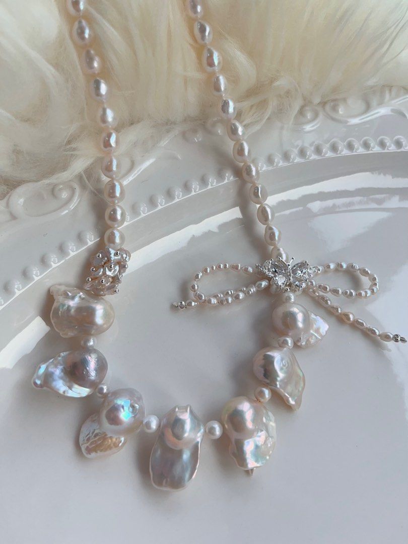 #PN709 [Floral Series] Freshwater Pearl Necklace | Fishtail Baroque Pearl | Lustrous | Ribbon Design| Holy White| Natural Flaws| Eternal Innocence