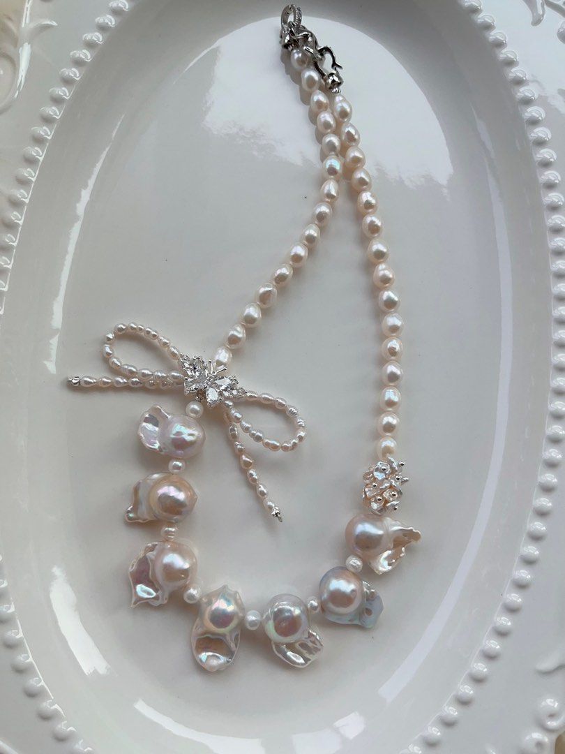 #PN709 [Floral Series] Freshwater Pearl Necklace | Fishtail Baroque Pearl | Lustrous | Ribbon Design| Holy White| Natural Flaws| Eternal Innocence