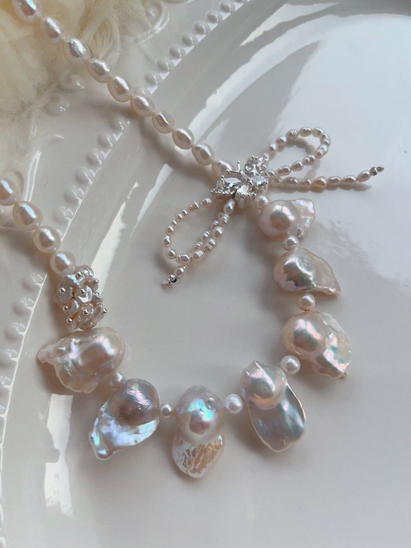 #PN709 [Floral Series] Freshwater Pearl Necklace | Fishtail Baroque Pearl | Lustrous | Ribbon Design| Holy White| Natural Flaws| Eternal Innocence