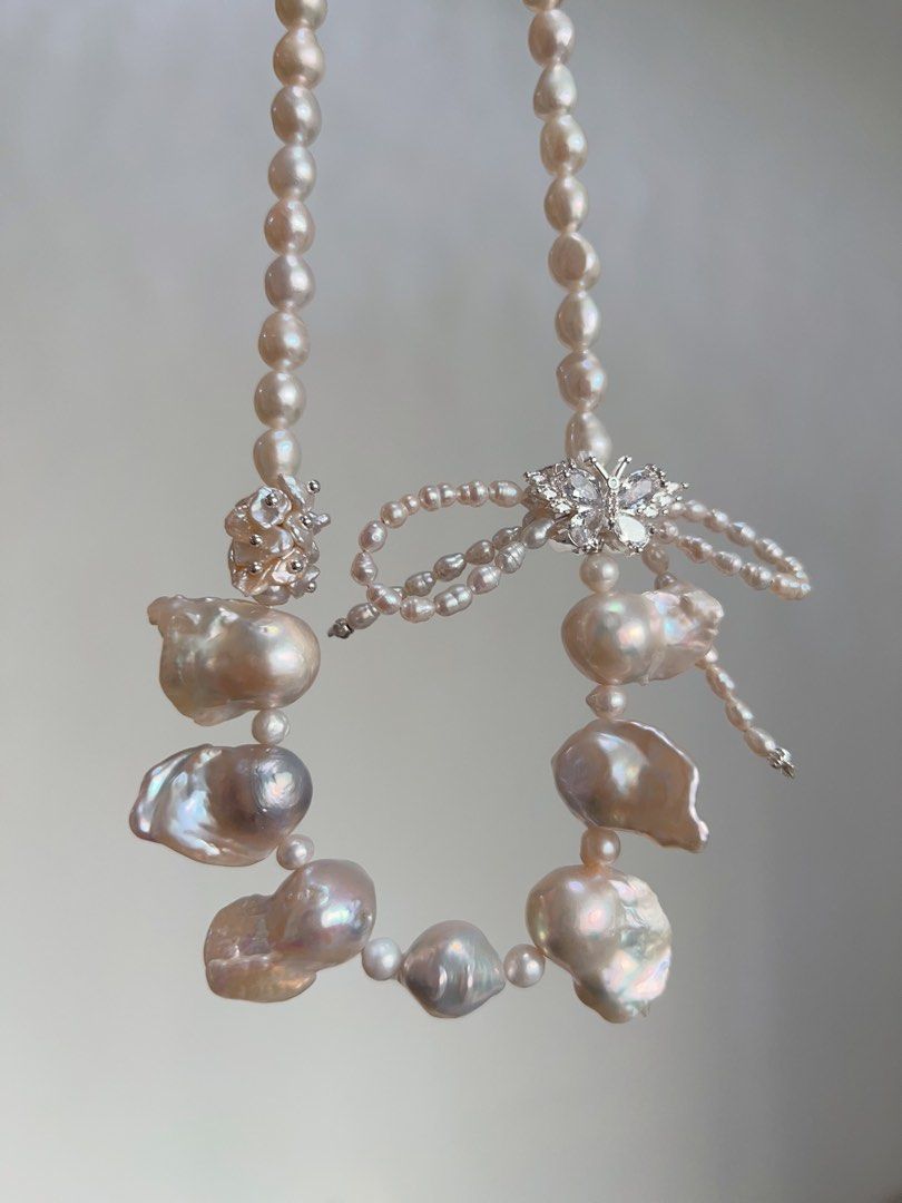 #PN709 [Floral Series] Freshwater Pearl Necklace | Fishtail Baroque Pearl | Lustrous | Ribbon Design| Holy White| Natural Flaws| Eternal Innocence