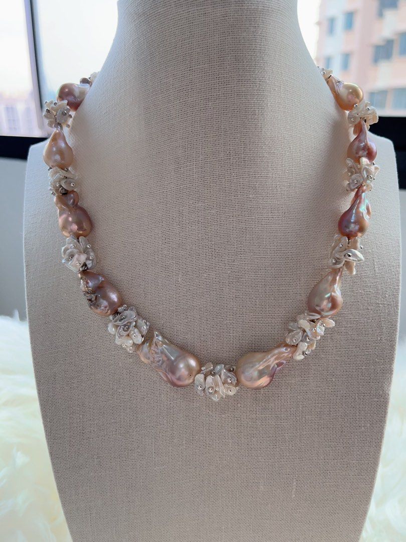 #PN712 [Floral Series] Freshwater Pearl Necklace | Petal Design| Summer Garden| Metallic Lustre | Lustrous | Pink-purple Shade| Fishtail Baroque | You Deserve It